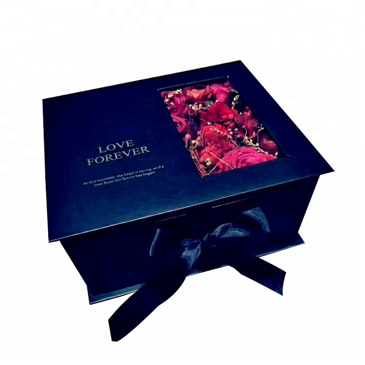 Luxury Black Paperboard Flower Wedding Favor Paper Gift Box With Clear Pvc Window